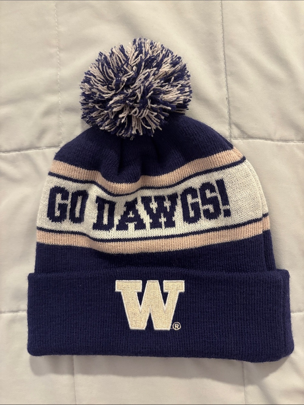 UW Go Dawgs! Navy Beanie with Pom Pom and W Crest